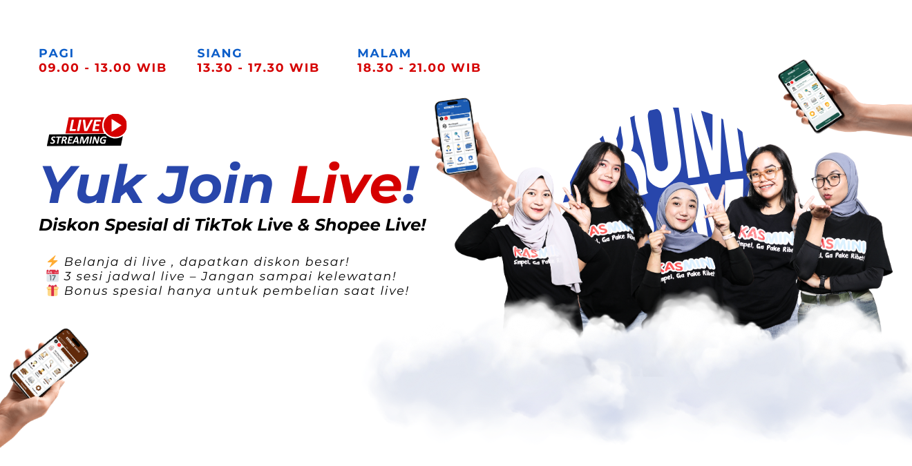 Join Live Kasmini Setiap Hari Senin - Sabtu di TikTok dan Shopee